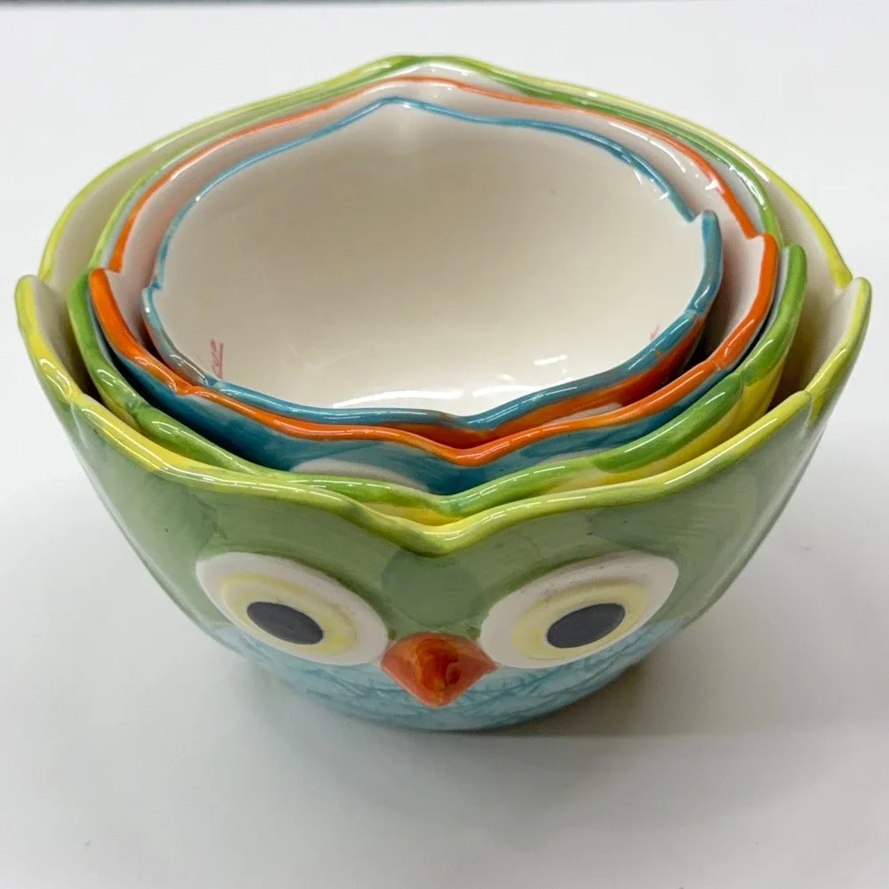 Pier 1 Imports‎ Owl Measuring Cup Set 4 Piece Hand Painted Stoneware Multicolor